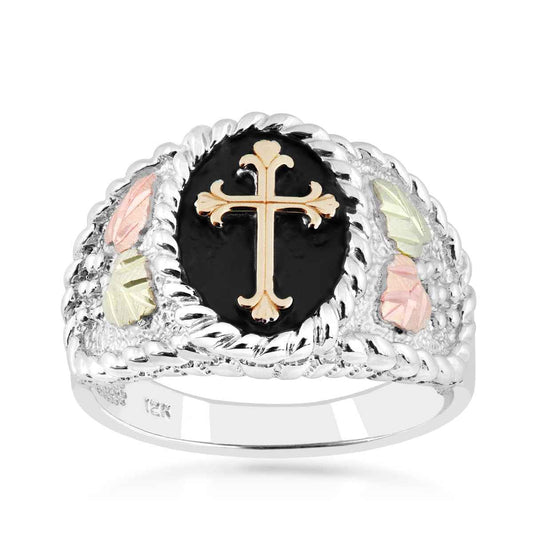 Black Hills Gold Men's Rope Textured Cross Ring in Sterling Silver & 10K Yellow Gold
