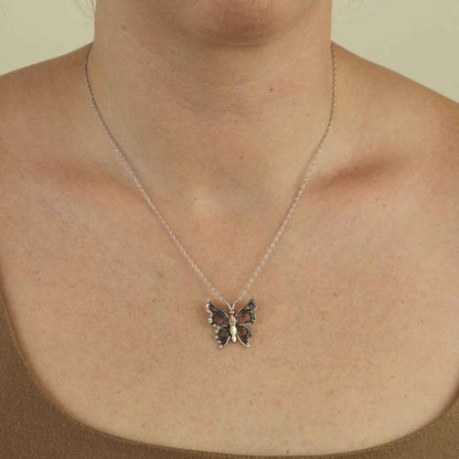 Black Hills Gold Oxidized Milgrain Butterfly Pendant in Sterling Silver front view