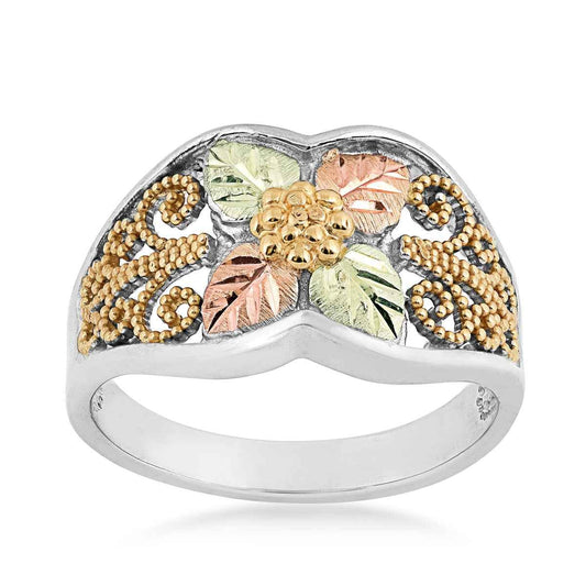 Black Hills Gold Grape Cluster & Milgrain Filigree Ring in Sterling Silver & 10K Yellow Gold