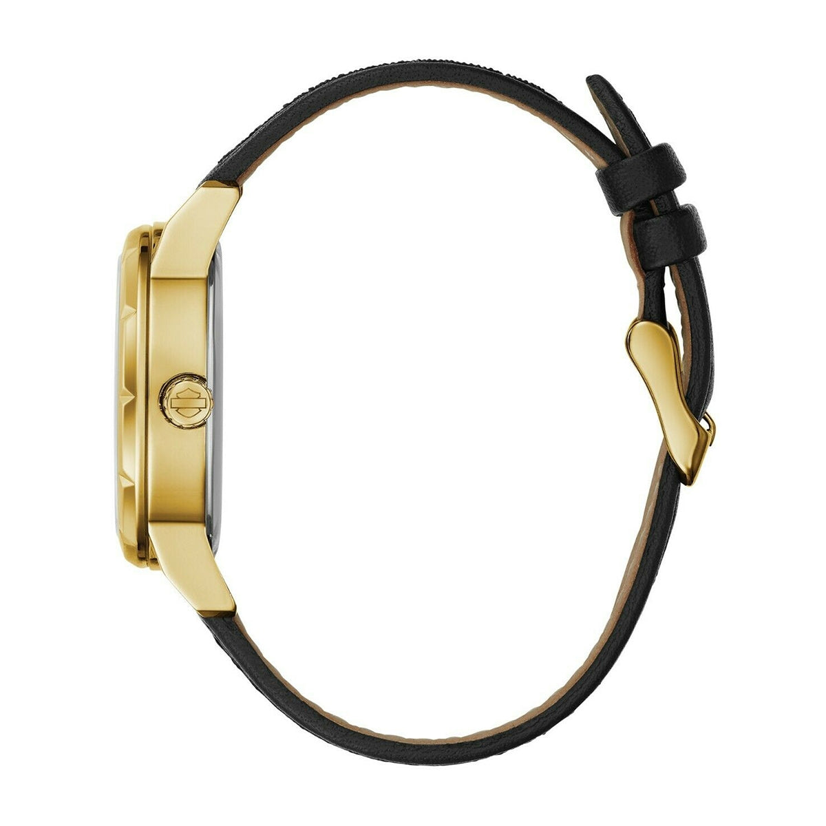 Harley Davidson Gold-Tone Stainless Steel Watch with Black Crystal Dial & Black Leather Strap front view