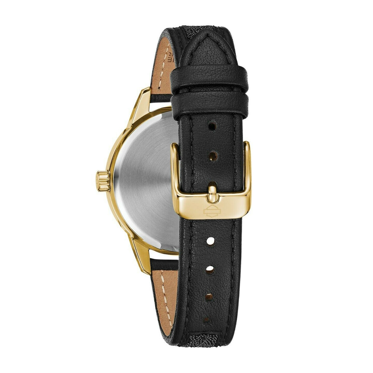 Harley Davidson Gold-Tone Stainless Steel Watch with Black Crystal Dial & Black Leather Strap close-up detail