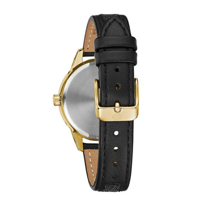 Harley Davidson Gold-Tone Stainless Steel Watch with Black Crystal Dial & Black Leather Strap close-up detail