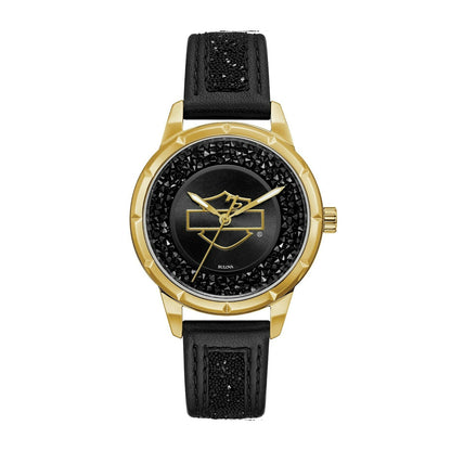 Harley Davidson Gold-Tone Stainless Steel Watch with Black Crystal Dial & Black Leather Strap