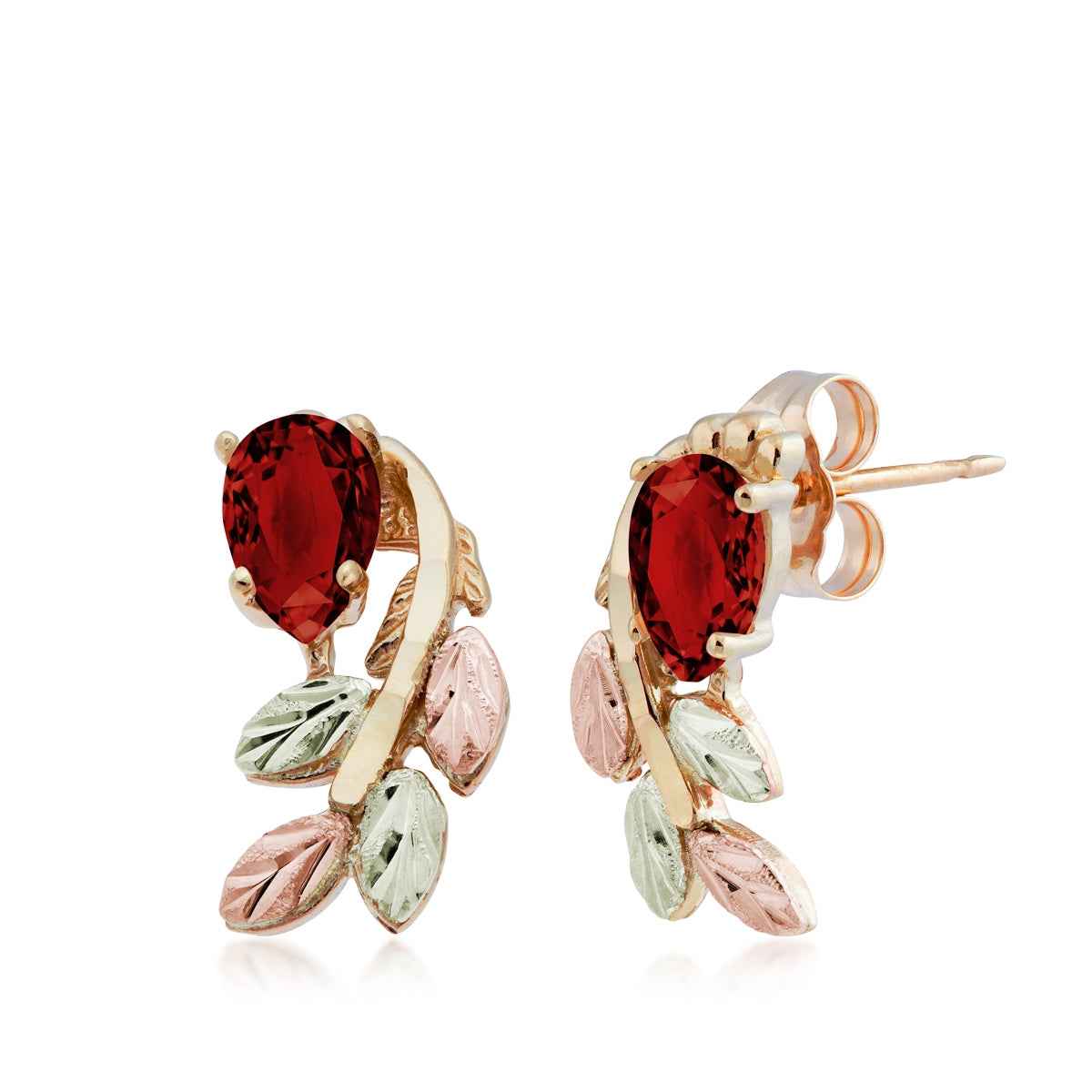 Black Hills Gold Pear Garnet & Leaf Branch Earrings in 10K Yellow Gold