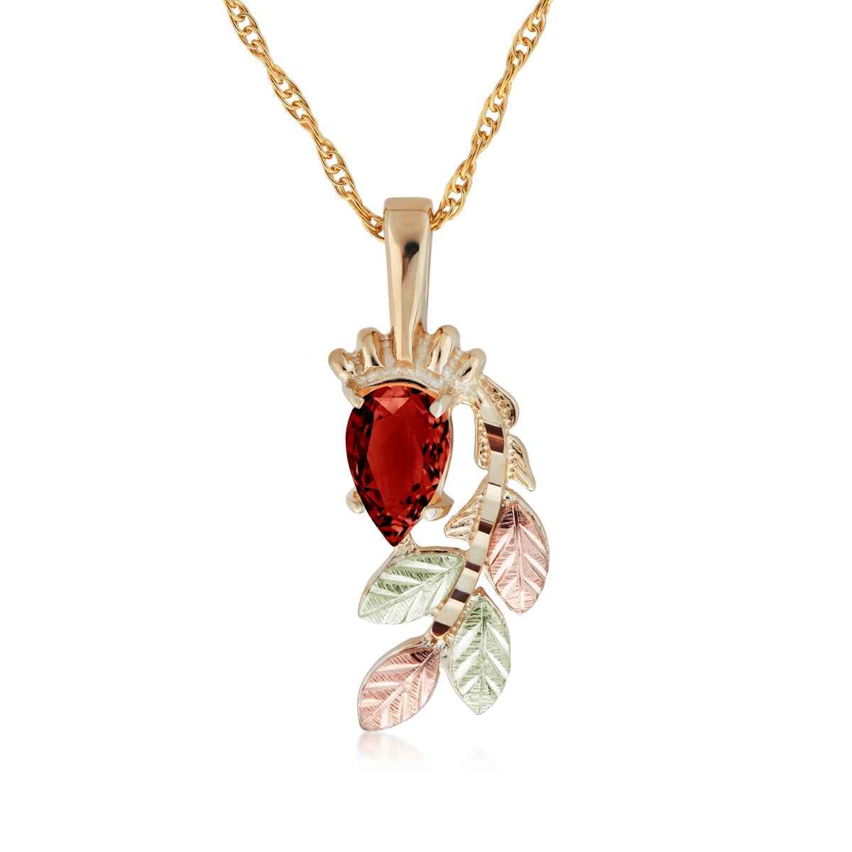 Black Hills Gold Pear Garnet & Leaf Branch Pendant in 10K Yellow Gold