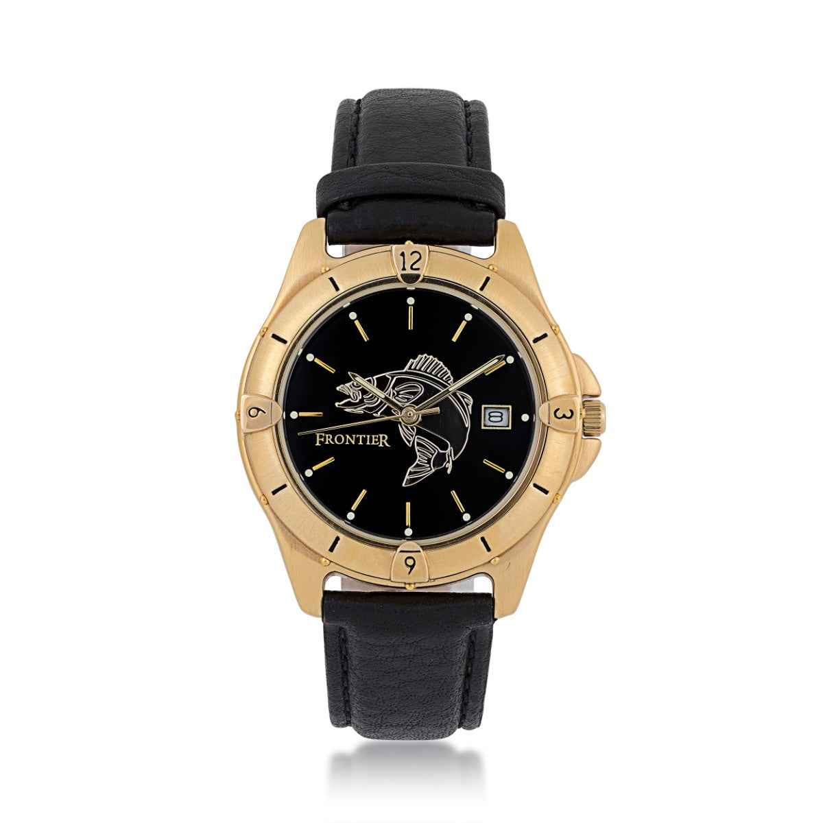 Frontier Men's Walleye Watch in Gold-Tone Stainless Steel with Black Leather Band & Black Dial