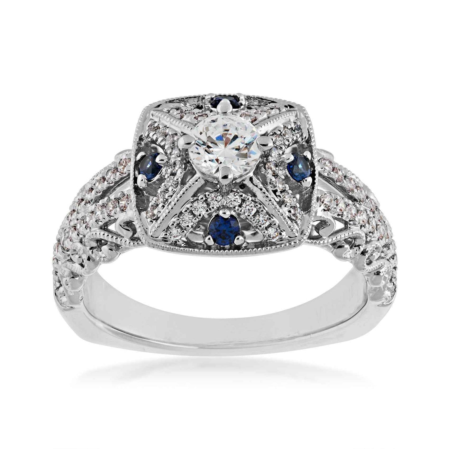 Valina 1/3 ct. tw. Diamond & Sapphire Vintage Halo Semi-Mount Engagement Ring with Filigree Detailing in 14K White Gold