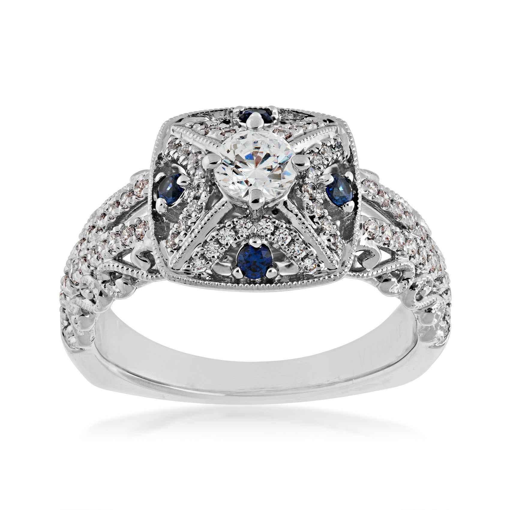 Valina 1/3 ct. tw. Diamond & Sapphire Vintage Halo Semi-Mount Engagement Ring with Filigree Detailing in 14K White Gold
