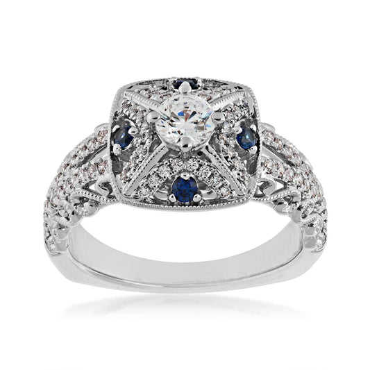 Valina 1/3 ct. tw. Diamond & Sapphire Vintage Halo Semi-Mount Engagement Ring with Filigree Detailing in 14K White Gold