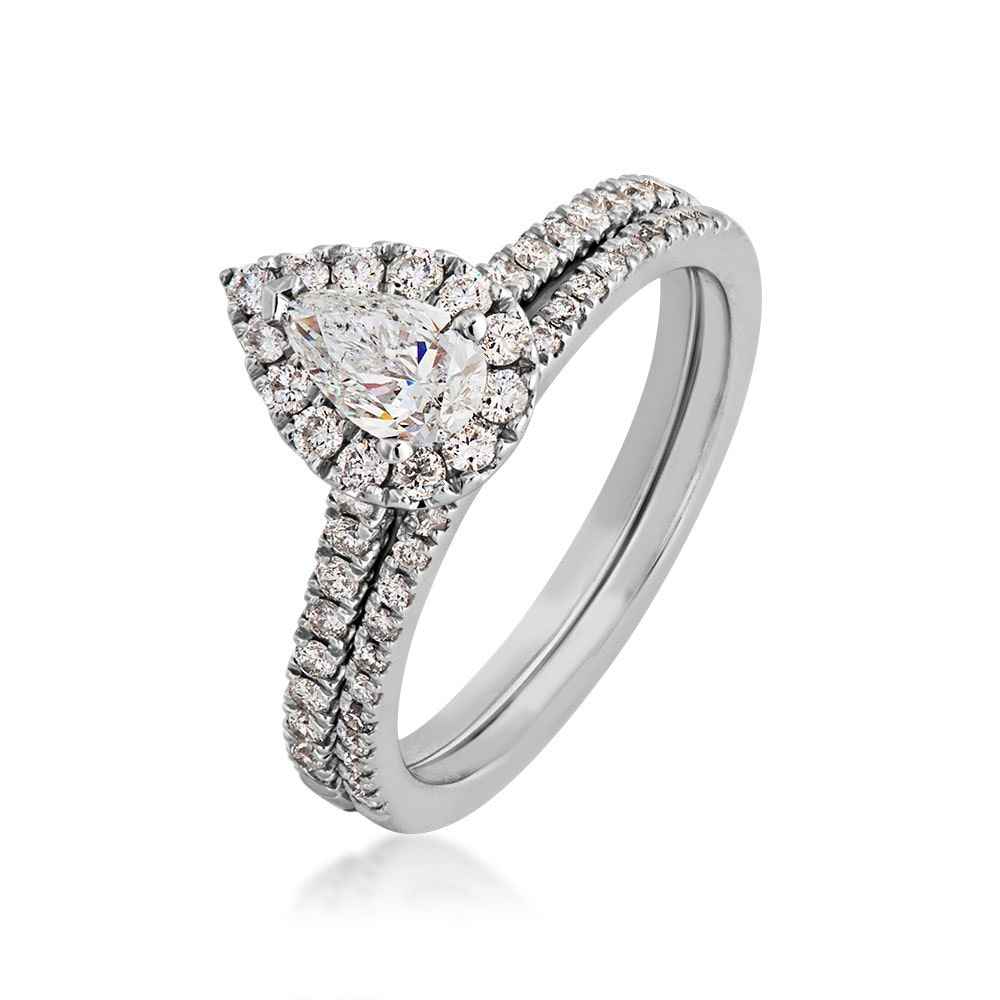 Natural 1-1/10 ct. tw. Pear Shape Diamond Halo Wedding Set in 14K White Gold front view