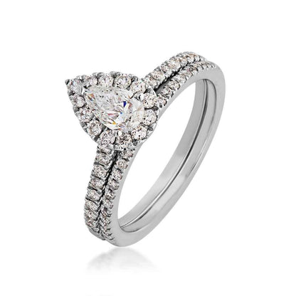 Natural 1-1/10 ct. tw. Pear Shape Diamond Halo Wedding Set in 14K White Gold front view