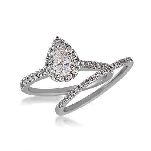 Natural 1-1/10 ct. tw. Pear Shape Diamond Halo Wedding Set in 14K White Gold close-up detail