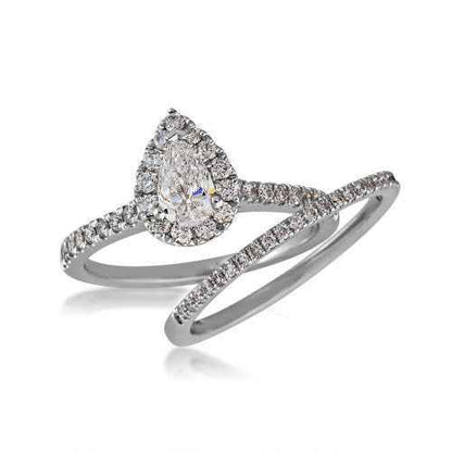 Natural 1-1/10 ct. tw. Pear Shape Diamond Halo Wedding Set in 14K White Gold close-up detail