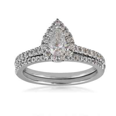 Natural 1-1/10 ct. tw. Pear Shape Diamond Halo Wedding Set in 14K White Gold