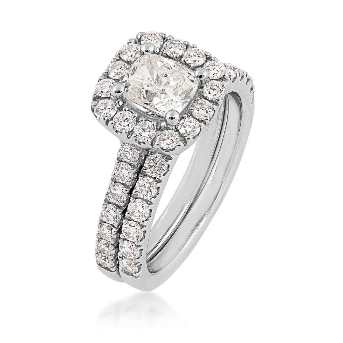 Natural 2-1/5 ct. tw. Cushion Diamond Halo Wedding Set in 14K White Gold front view