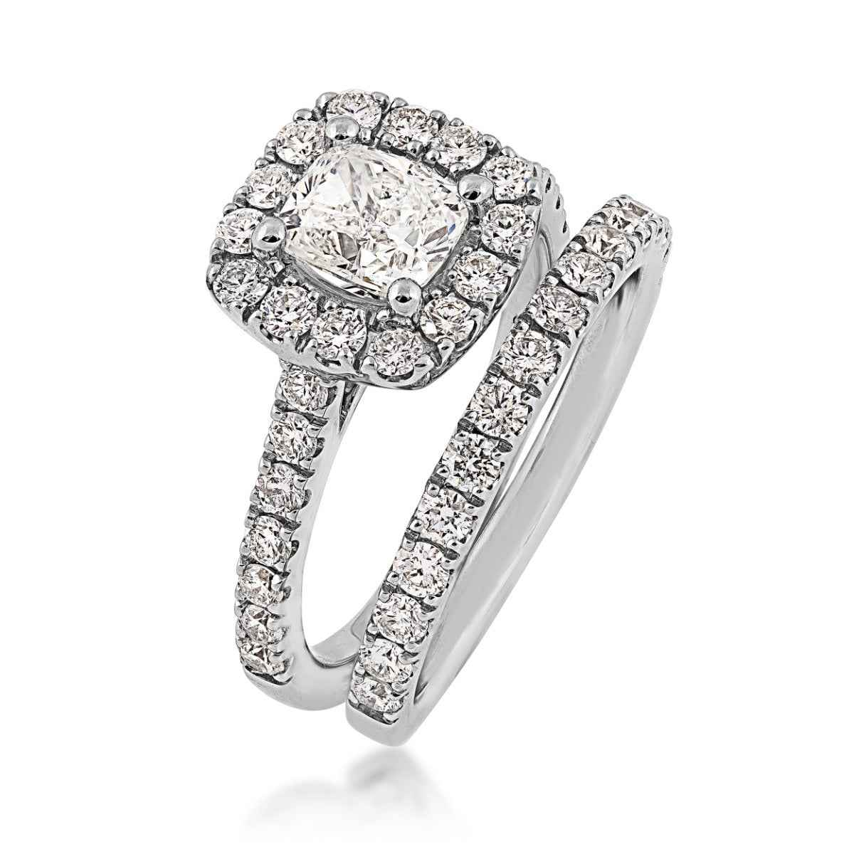 Natural 2-1/5 ct. tw. Cushion Diamond Halo Wedding Set in 14K White Gold close-up detail