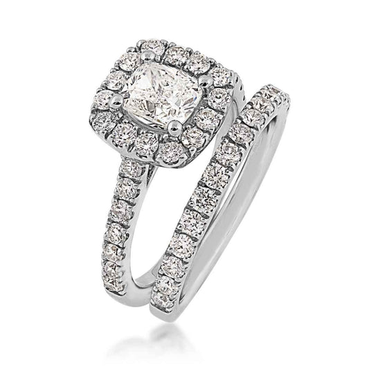Natural 2-1/5 ct. tw. Cushion Diamond Halo Wedding Set in 14K White Gold close-up detail