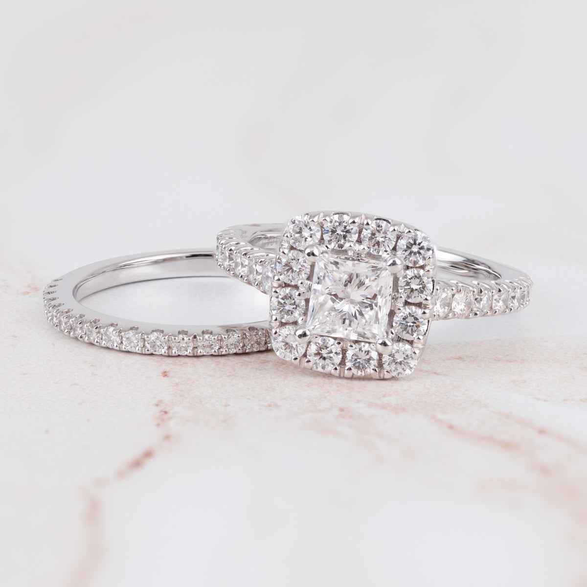Adamante 2 ct. tw. Lab-Grown Princess Cut Diamond Halo Wedding Set in 14K White Gold front view