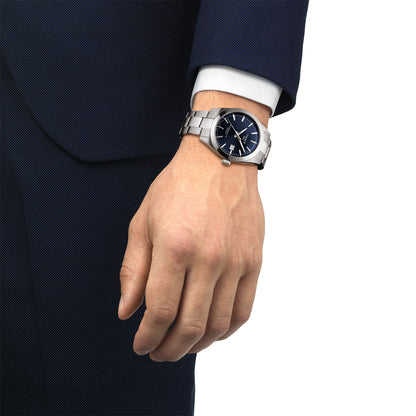 stainless steel men's Tissot Gentleman automatic watch with blue dial