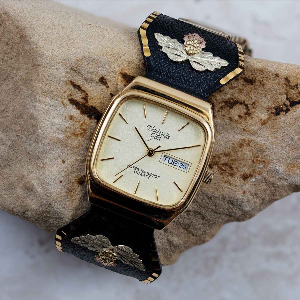 Black Hills Gold Men's Quartz Gold-Tone Stainless Steel Watch with Square Champagne Dial & Black Powder Coated front view