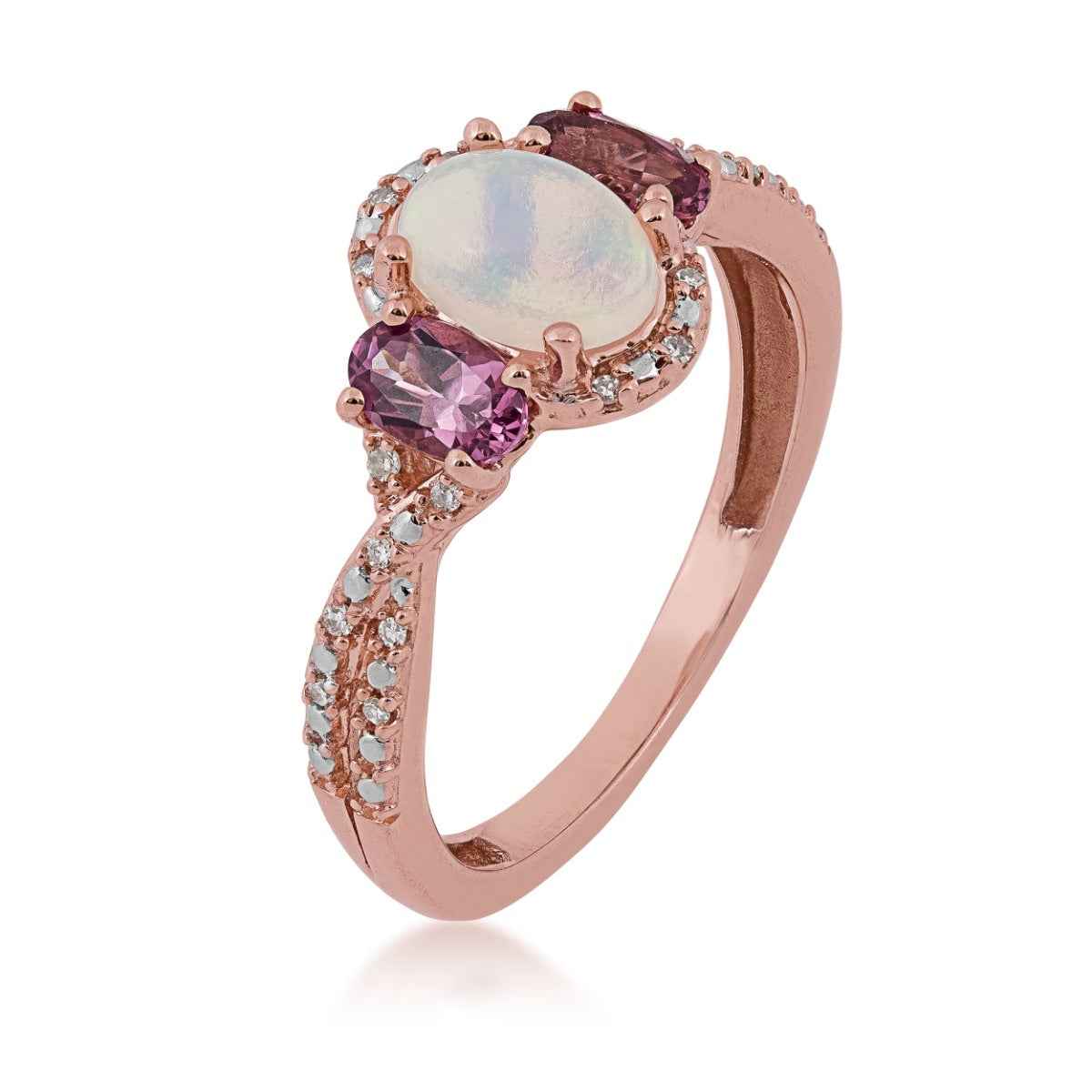 3-Stone Oval Opal, Pink Rhodolite Garnet & Diamond Accent Ring in 10K Pink Gold front view