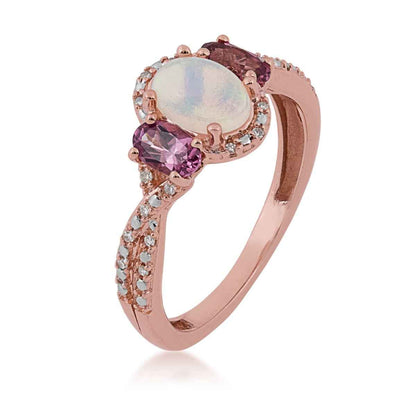 3-Stone Oval Opal, Pink Rhodolite Garnet & Diamond Accent Ring in 10K Pink Gold front view