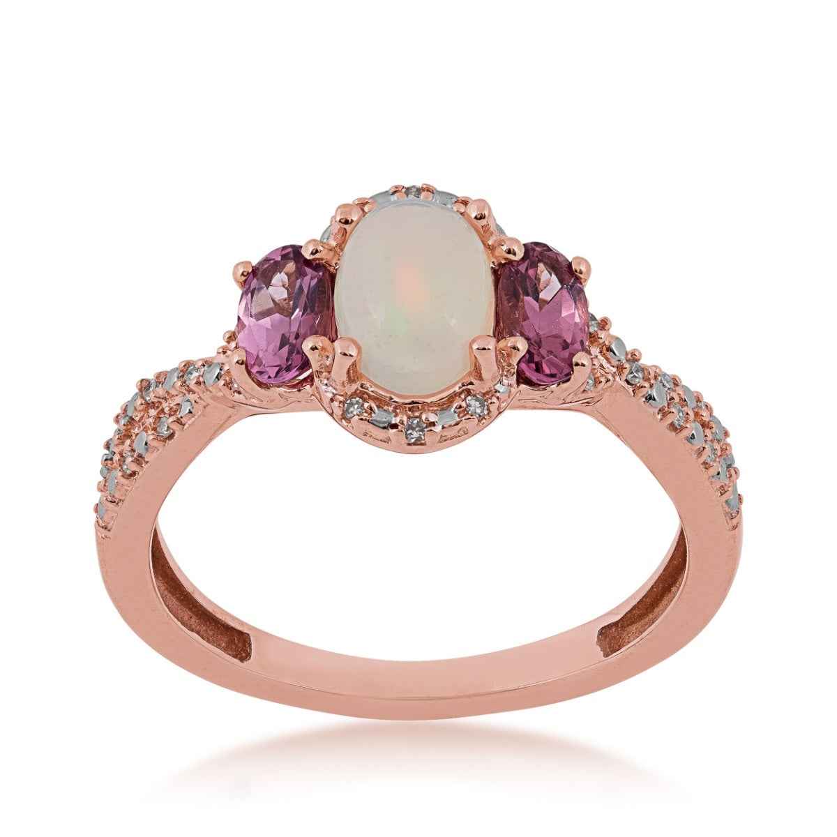 3-Stone Oval Opal, Pink Rhodolite Garnet & Diamond Accent Ring in 10K Pink Gold