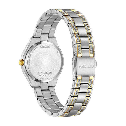 Citizen Ladies' Silhouette Crystal Eco-Drive Two-Tone Stainless Steel Watch with Blue Dial close-up detail