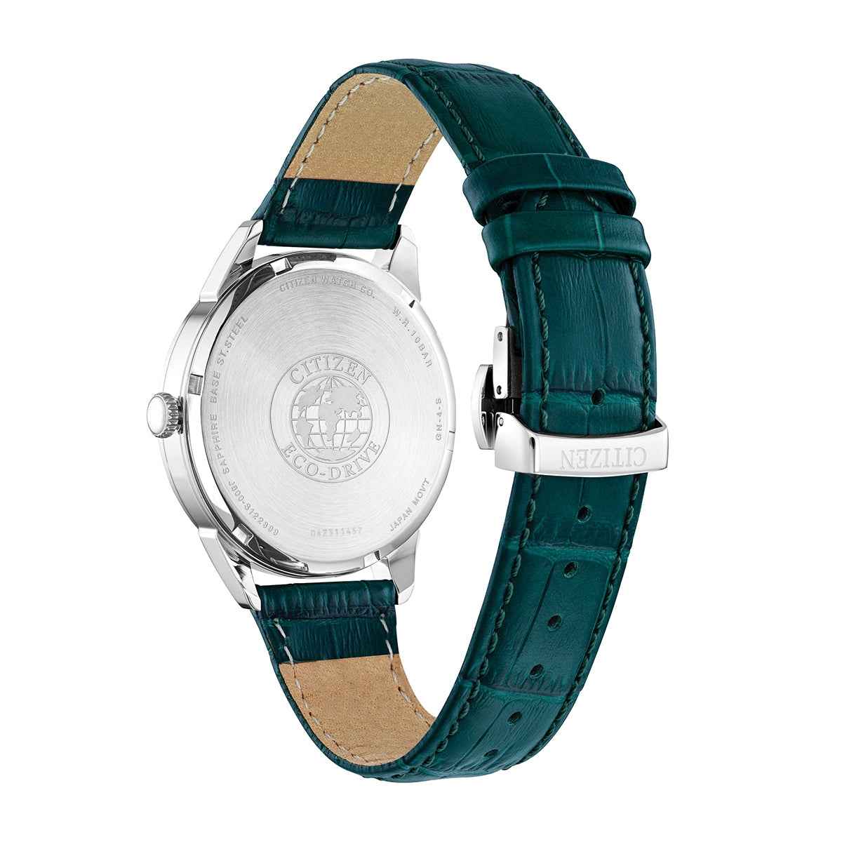 Citizen Ladies' Corso Stainless Steel Eco-Drive Watch with Ivory Dial & Green Leather Strap close-up detail
