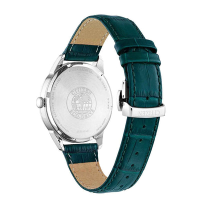 Citizen Ladies' Corso Stainless Steel Eco-Drive Watch with Ivory Dial & Green Leather Strap close-up detail