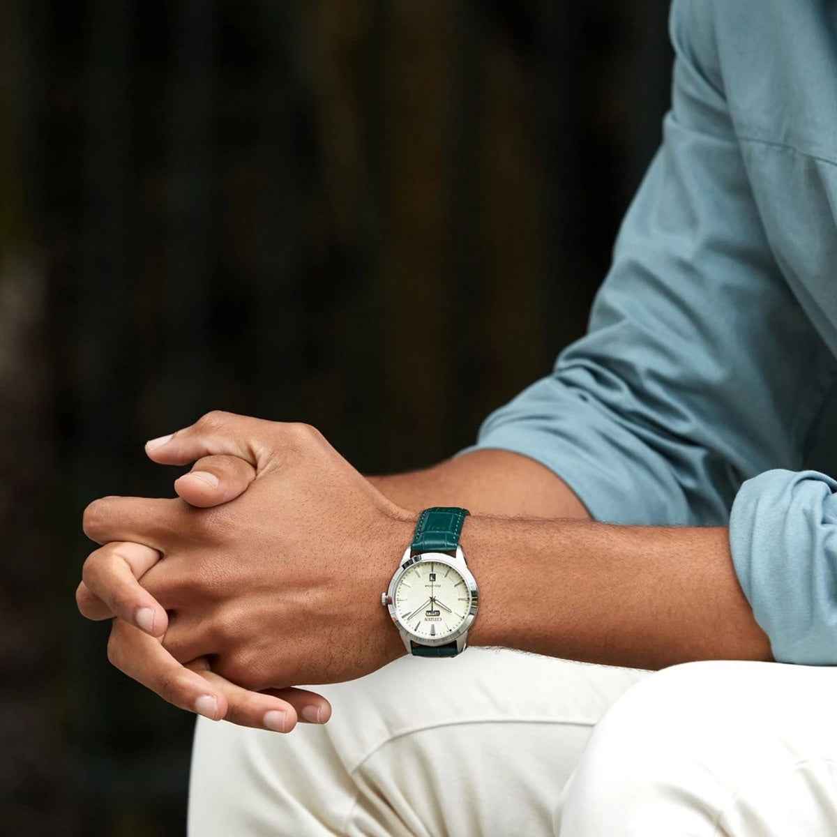 Citizen Ladies' Corso Stainless Steel Eco-Drive Watch with Ivory Dial & Green Leather Strap side profile