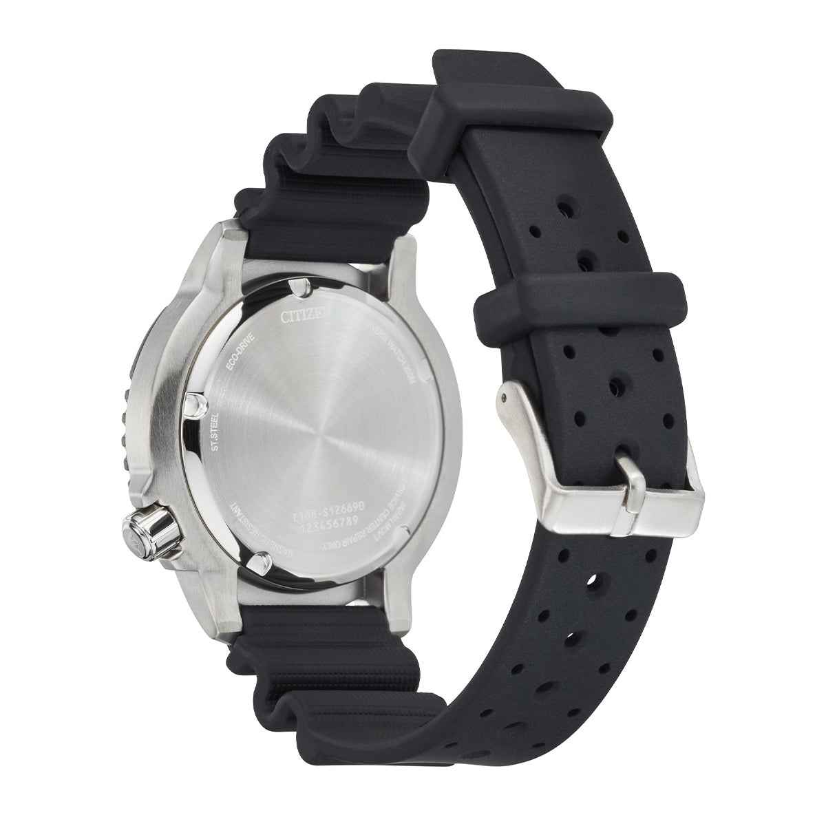 Citizen Men's Promaster Diver Eco-Drive Watch with Black & Green Dial & Black Polyurethane Strap close-up detail