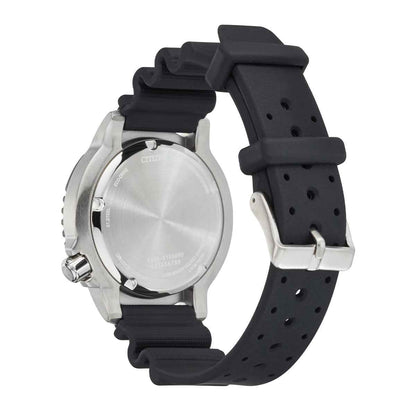 Citizen Men's Promaster Diver Eco-Drive Watch with Black & Green Dial & Black Polyurethane Strap close-up detail