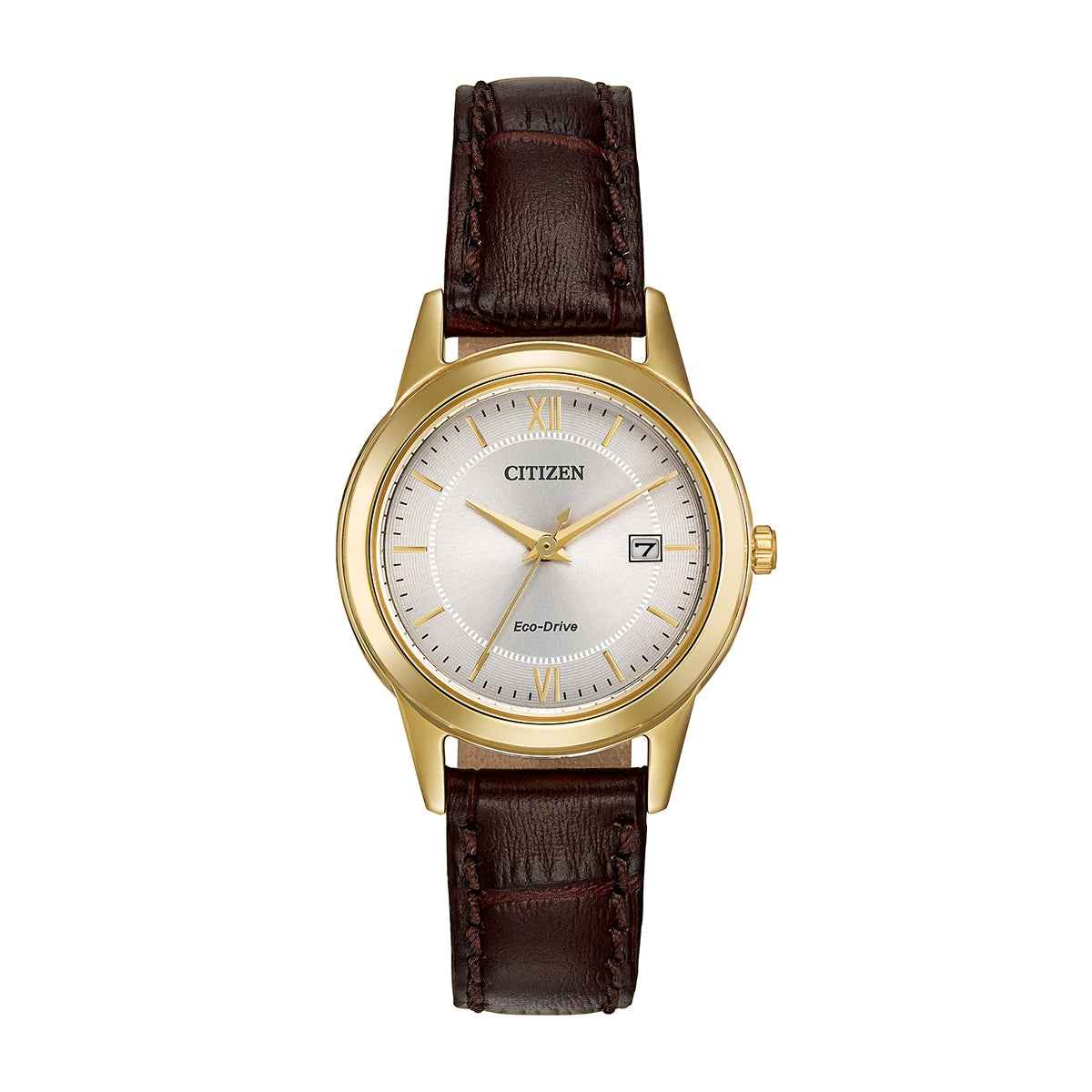 Citizen Ladies' Corso Gold-Tone Stainless Steel Watch with Silver Dial & Brown Leather Strap