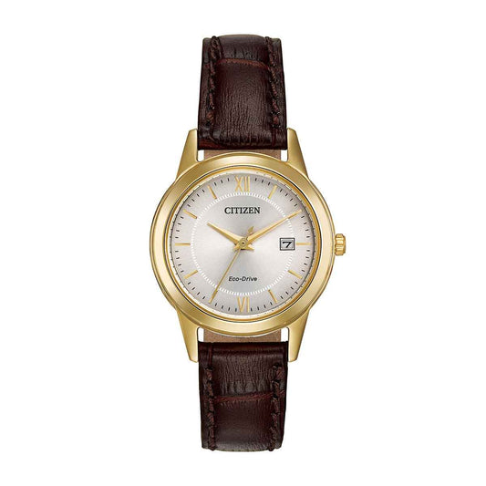 Citizen Ladies' Corso Gold-Tone Stainless Steel Watch with Silver Dial & Brown Leather Strap