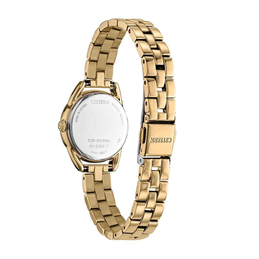 Citizen Ladies' Drive Eco-Drive Gold-Tone Stainless Steel Watch with Silver Dial close-up detail