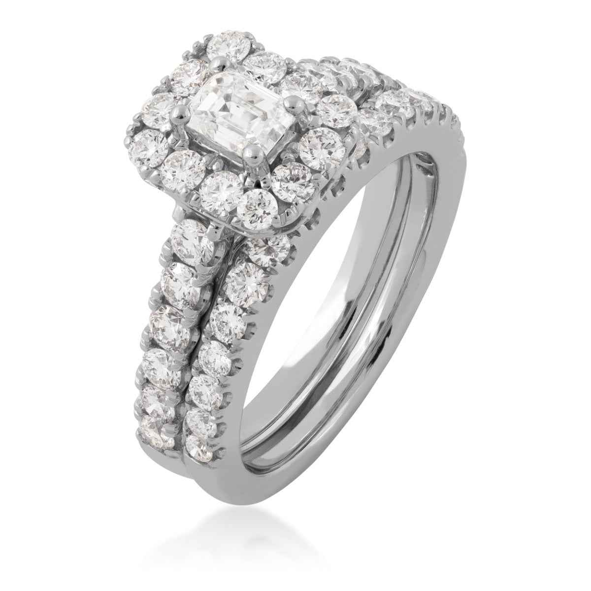 Natural 2 ct. tw. Emerald Cut Diamond Halo Wedding Set in 14K White Gold front view