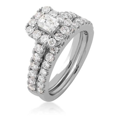 Natural 2 ct. tw. Emerald Cut Diamond Halo Wedding Set in 14K White Gold front view