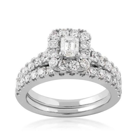 Natural 2 ct. tw. Emerald Cut Diamond Halo Wedding Set in 14K White Gold