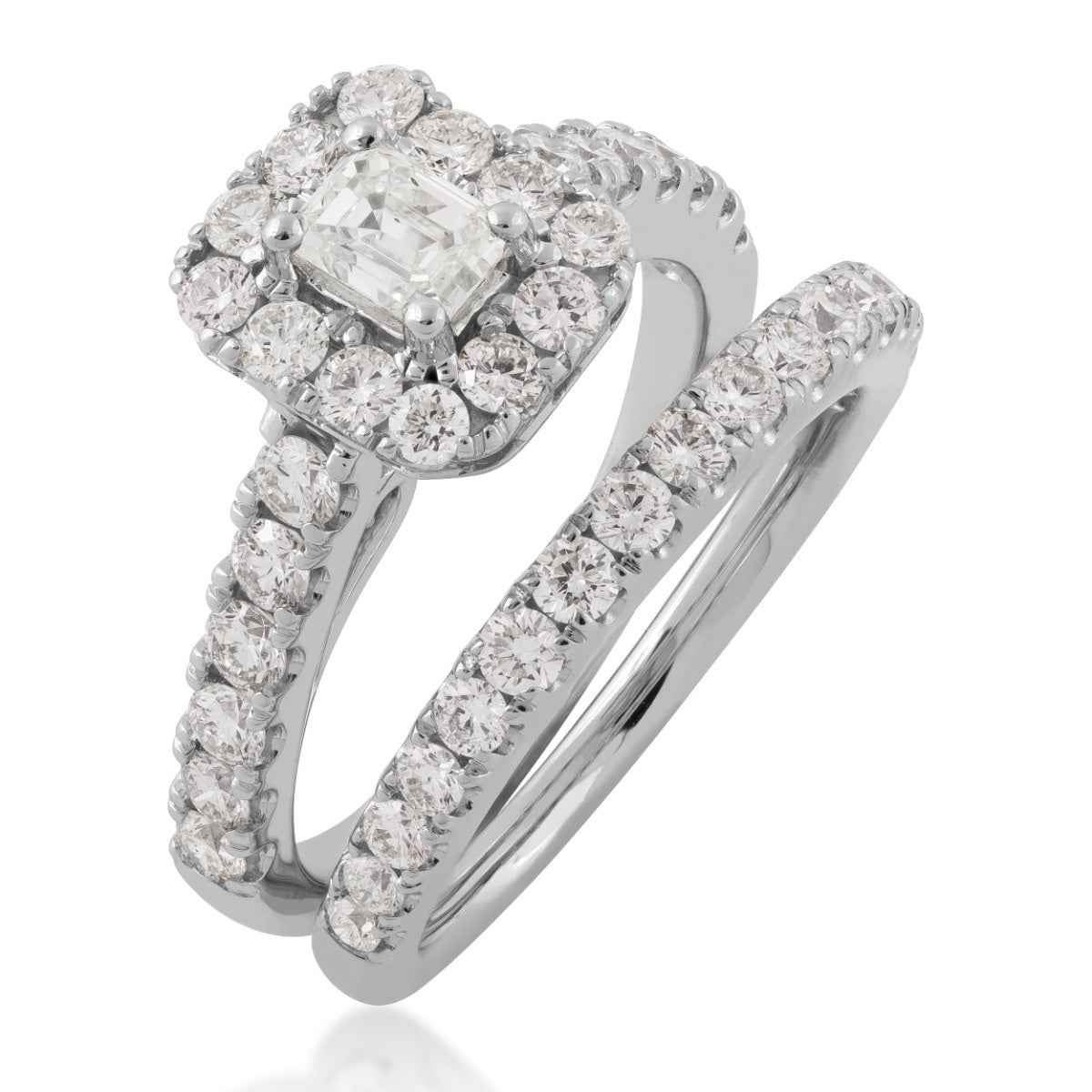 Natural 2 ct. tw. Emerald Cut Diamond Halo Wedding Set in 14K White Gold close-up detail