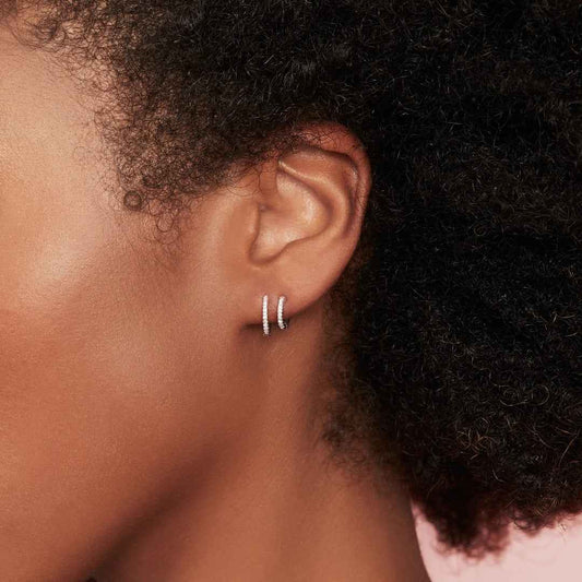 Shy Creation 1/8 ct. tw. Diamond Double Huggie Hoop Earrings in 14K White Gold front view
