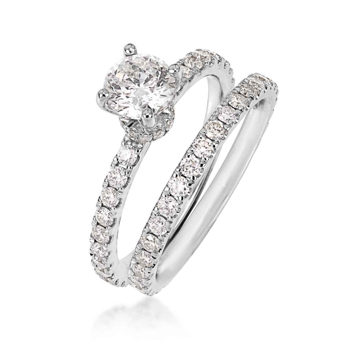 Noventa 1-3/4 ct. tw. Round Diamond Wedding Set with Diamond Bands in 14K White Gold close-up detail