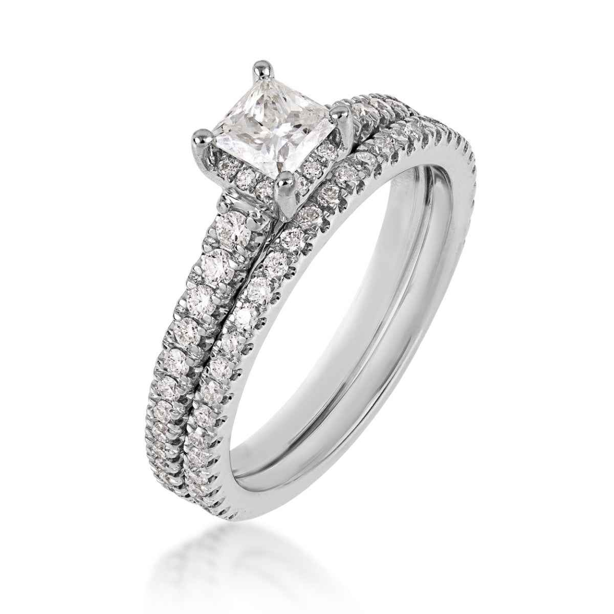 Noventa 1 ct. tw. Princess Cut Diamond Hidden Halo Wedding Set in 14K White Gold front view