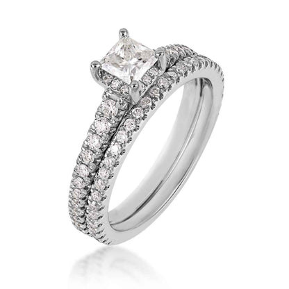 Noventa 1 ct. tw. Princess Cut Diamond Hidden Halo Wedding Set in 14K White Gold front view