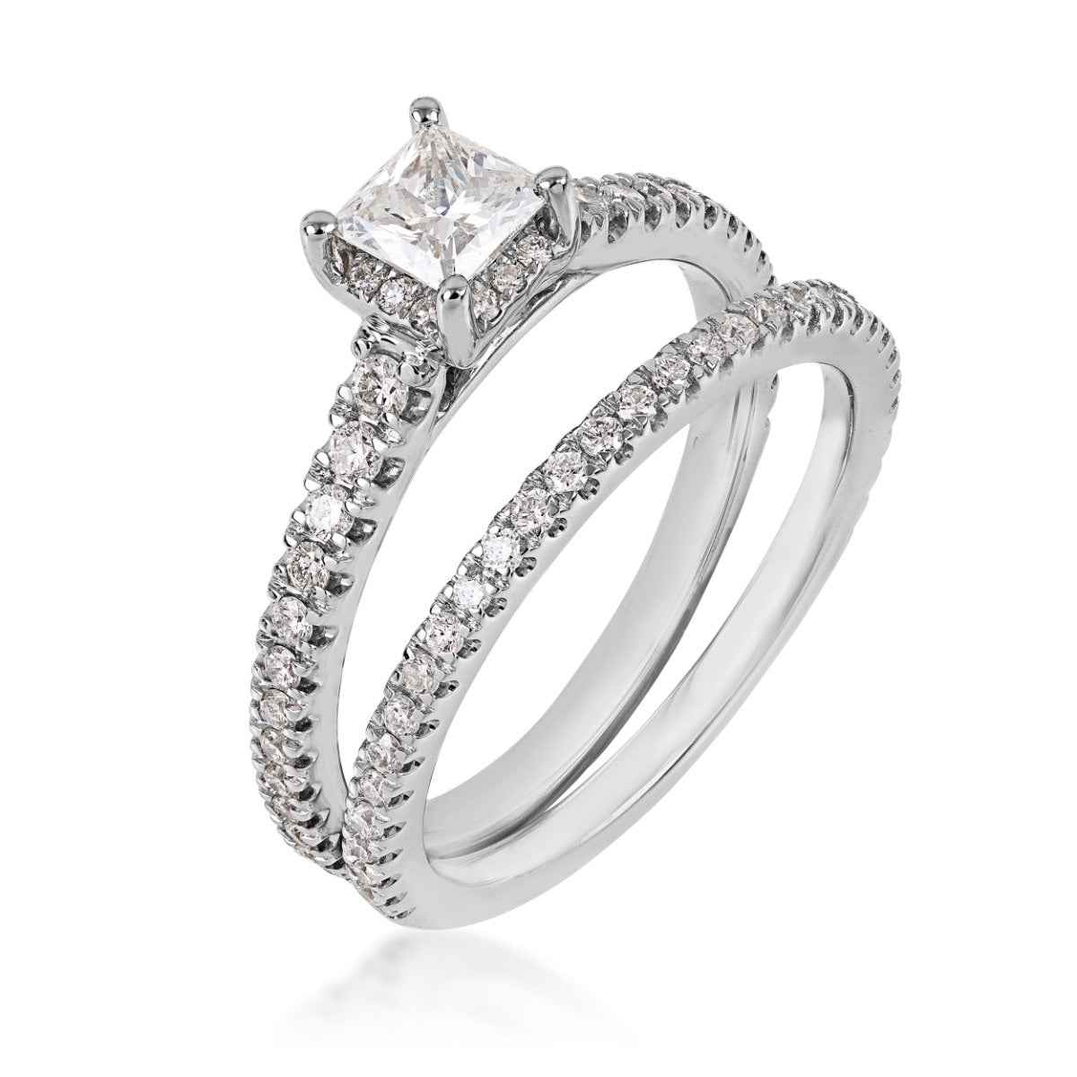 Noventa 1 ct. tw. Princess Cut Diamond Hidden Halo Wedding Set in 14K White Gold close-up detail