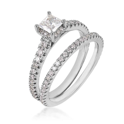 Noventa 1 ct. tw. Princess Cut Diamond Hidden Halo Wedding Set in 14K White Gold close-up detail