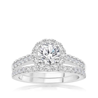 Natural 2-1/10 ct. tw. Round Brilliant Diamond Halo Wedding Set in 14K White Gold