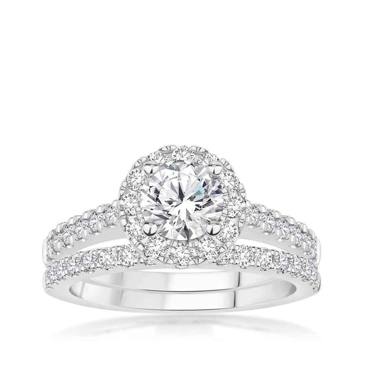 Natural 2-1/10 ct. tw. Round Brilliant Diamond Halo Wedding Set in 14K White Gold