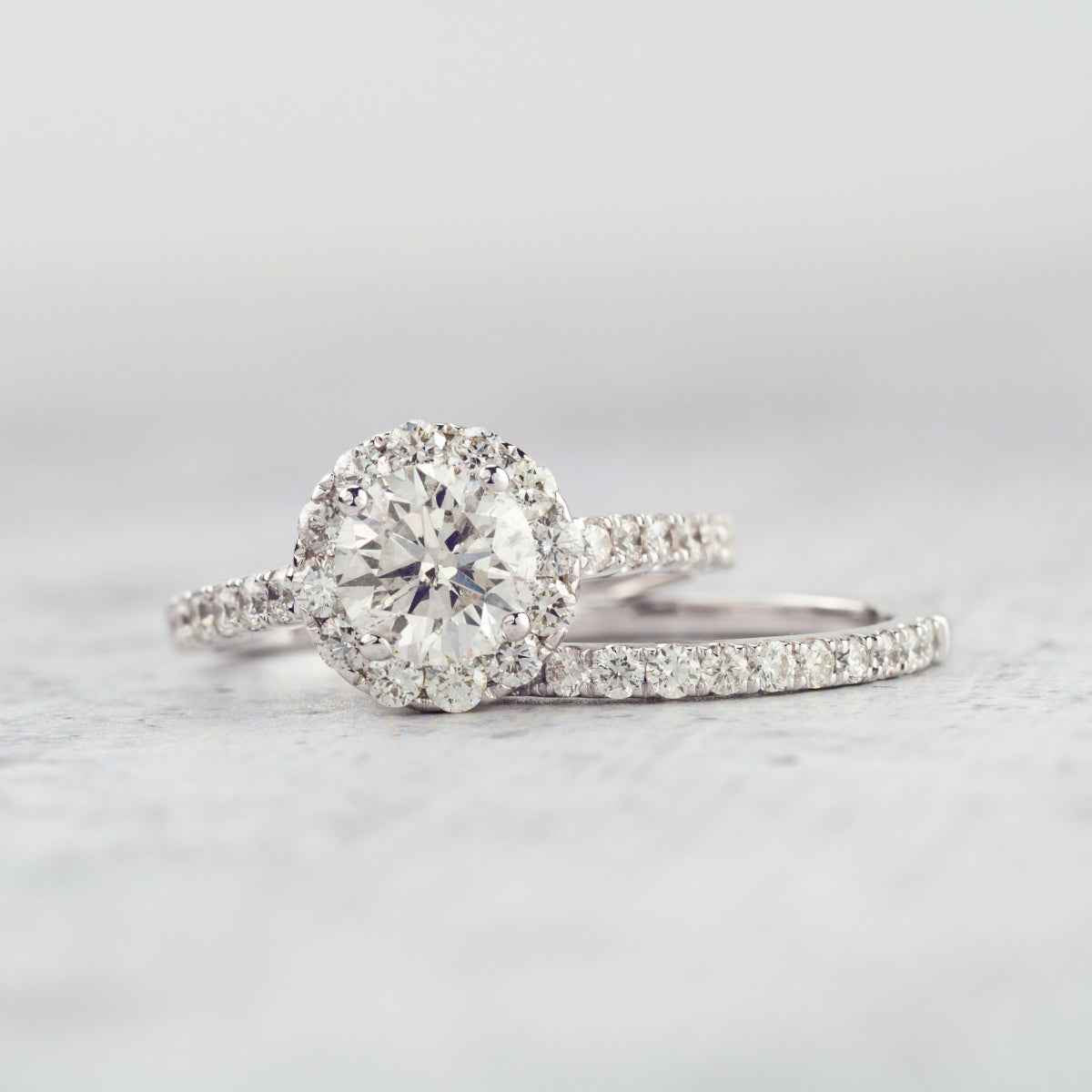 Natural 2-1/10 ct. tw. Round Brilliant Diamond Halo Wedding Set in 14K White Gold full view
