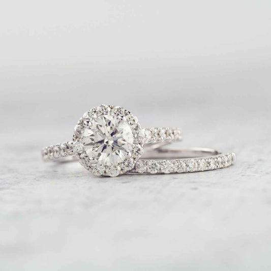 Natural 2-1/10 ct. tw. Round Brilliant Diamond Halo Wedding Set in 14K White Gold full view